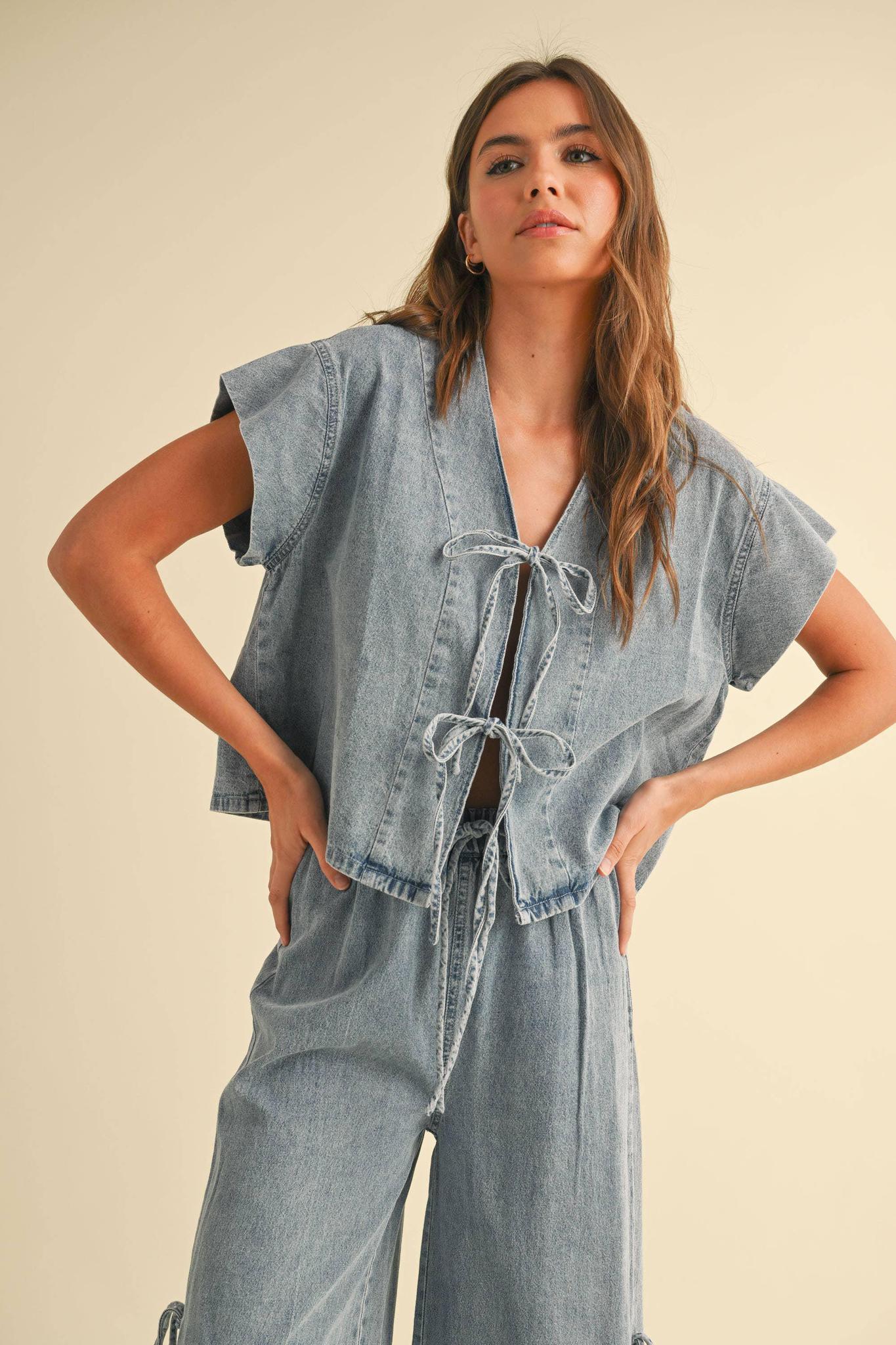 Miou Muse Denim Tied Front Top