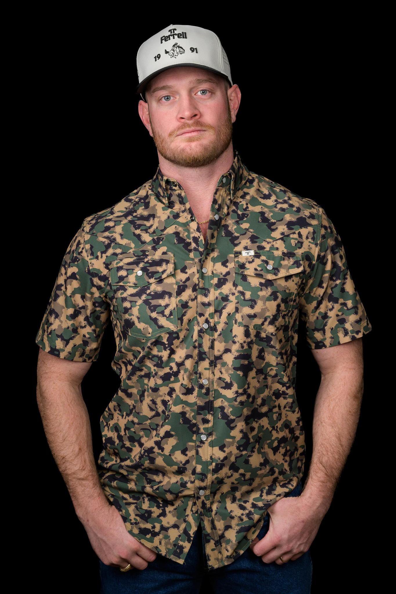 Ferrell Dk Green Camo Short Sleeve Snap