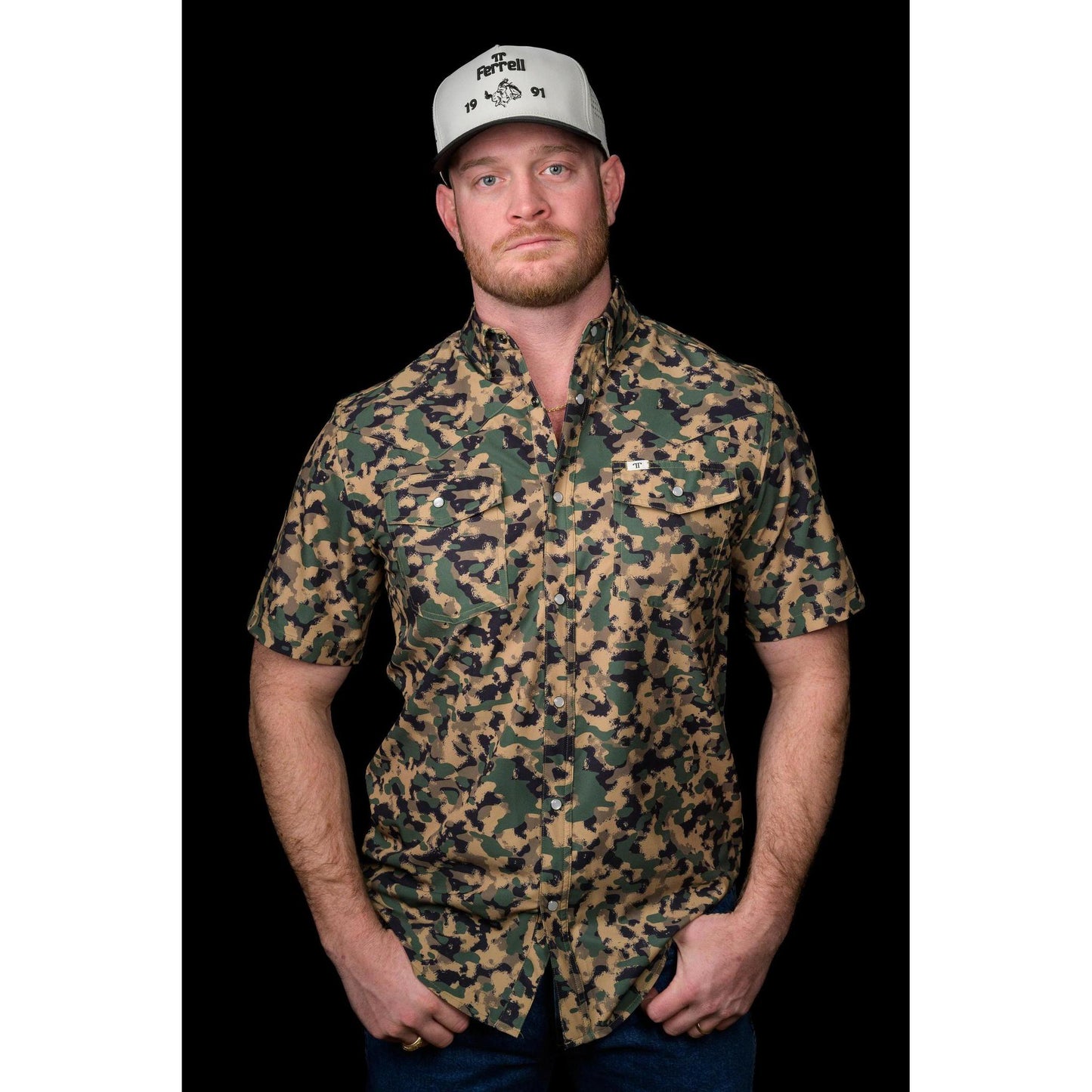 Ferrell Dk Green Camo Short Sleeve Snap