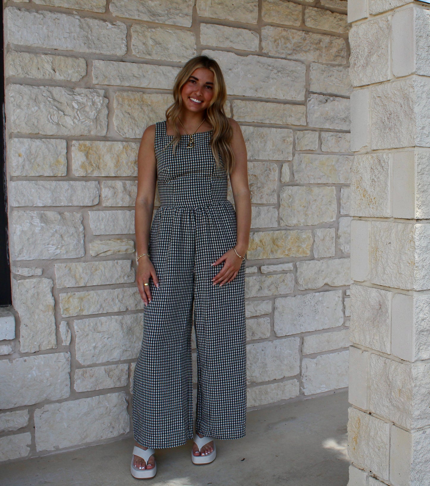 Miou Muse Black Gingham Printed Tie Jumpsuit