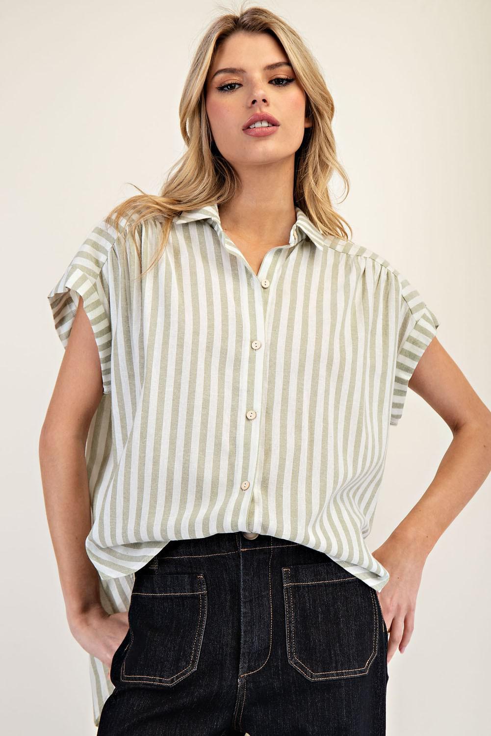 Eesome Striped Short Sleeve Top Sage