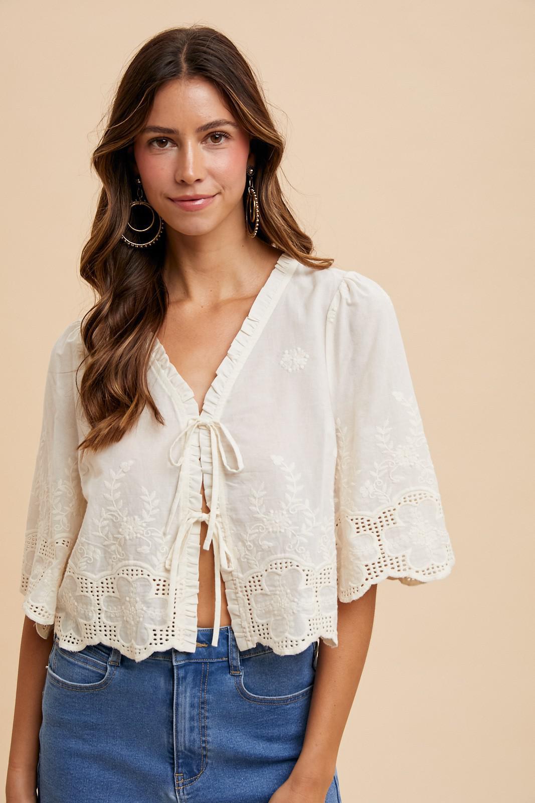 AW Floral Embroidery Tie Front Blouse
