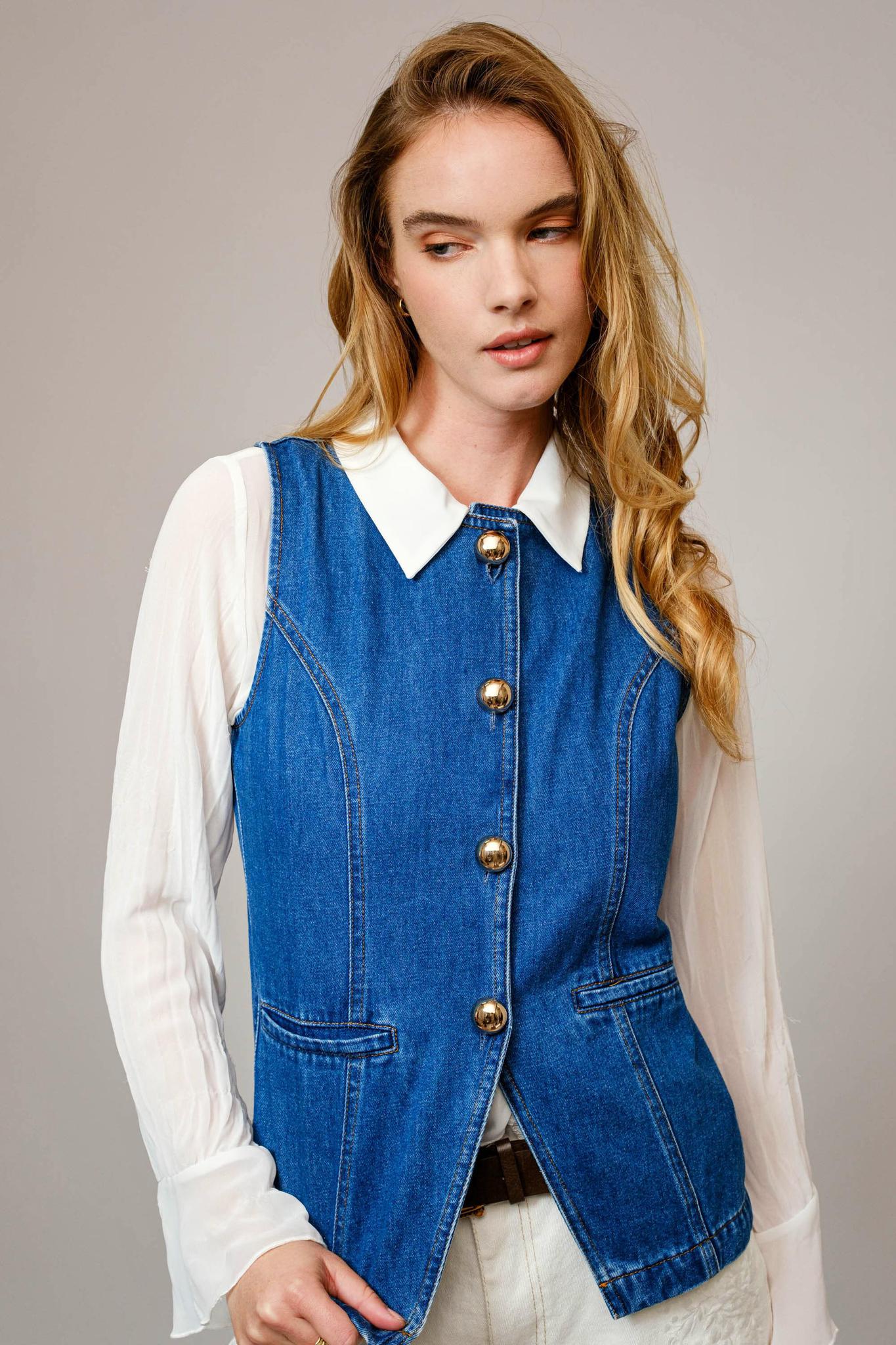 Blue B Gold Button Denim Vest