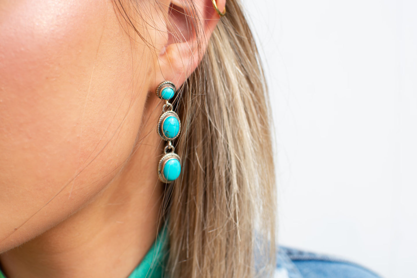 Three Kingman Turquoise Stone Dangle Earrings