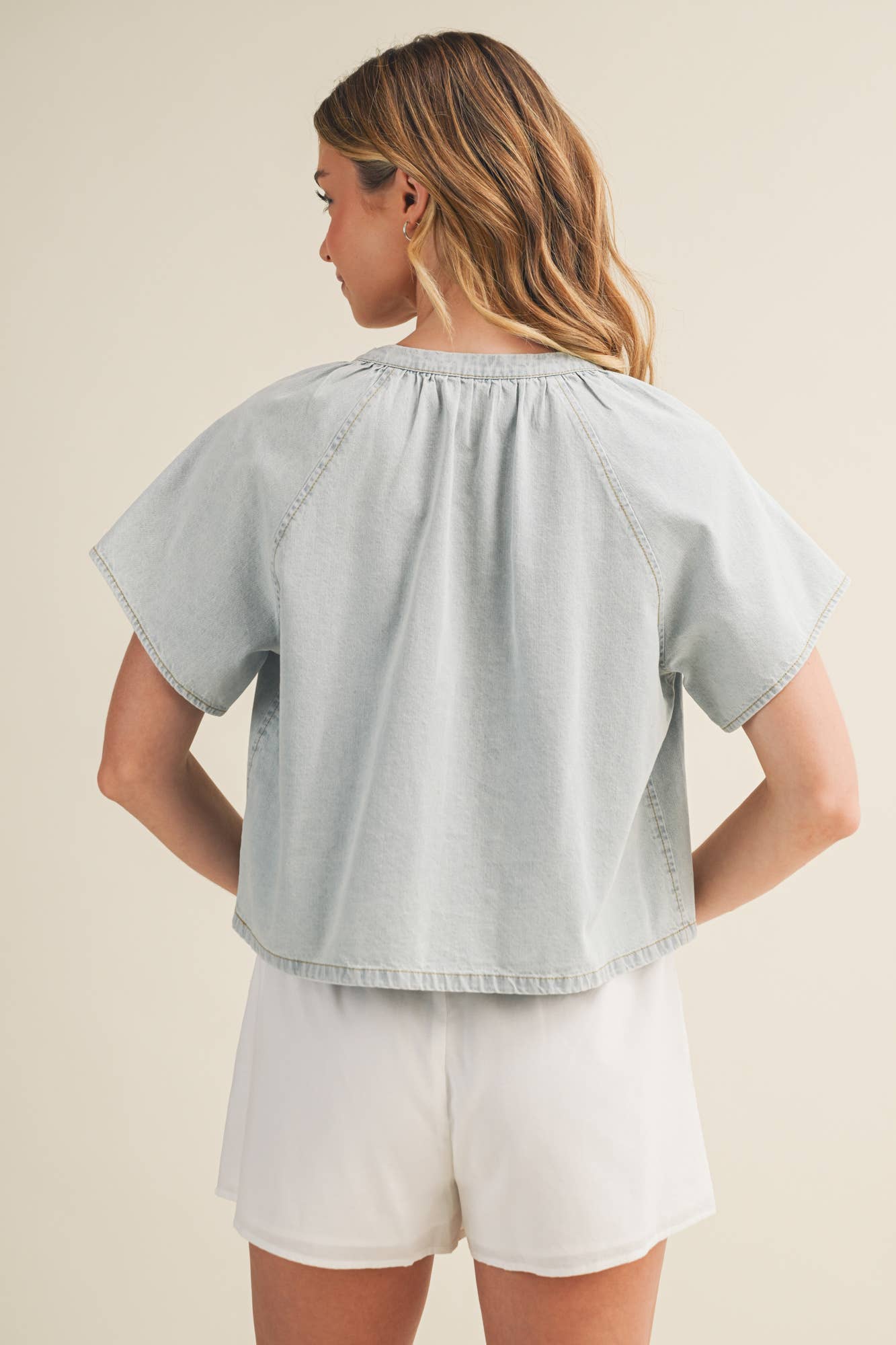 Mustard Seed Gathered Collar V-Notch Denim Blouse