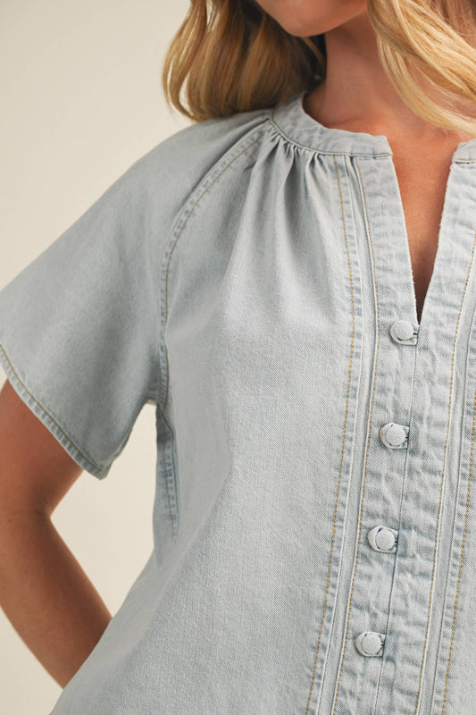 Mustard Seed Gathered Collar V-Notch Denim Blouse