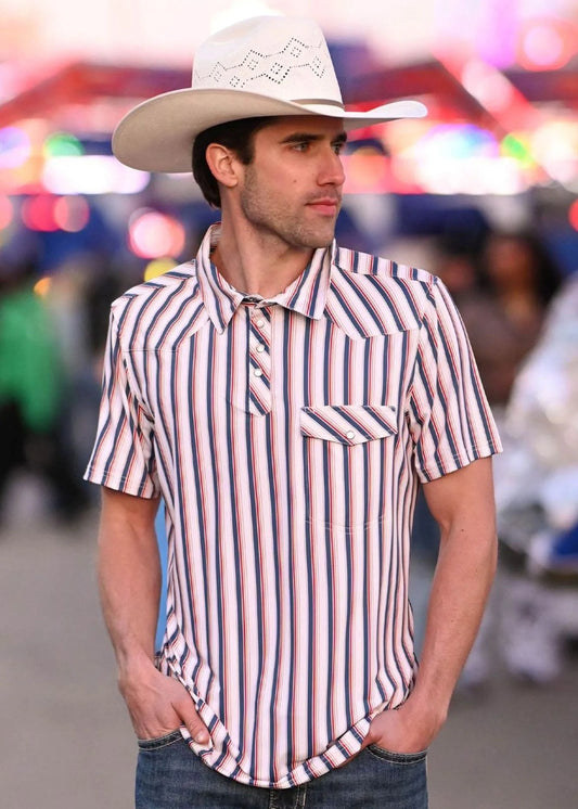 Rock&Roll Men's Red & White Stripe Western Pocket Polo