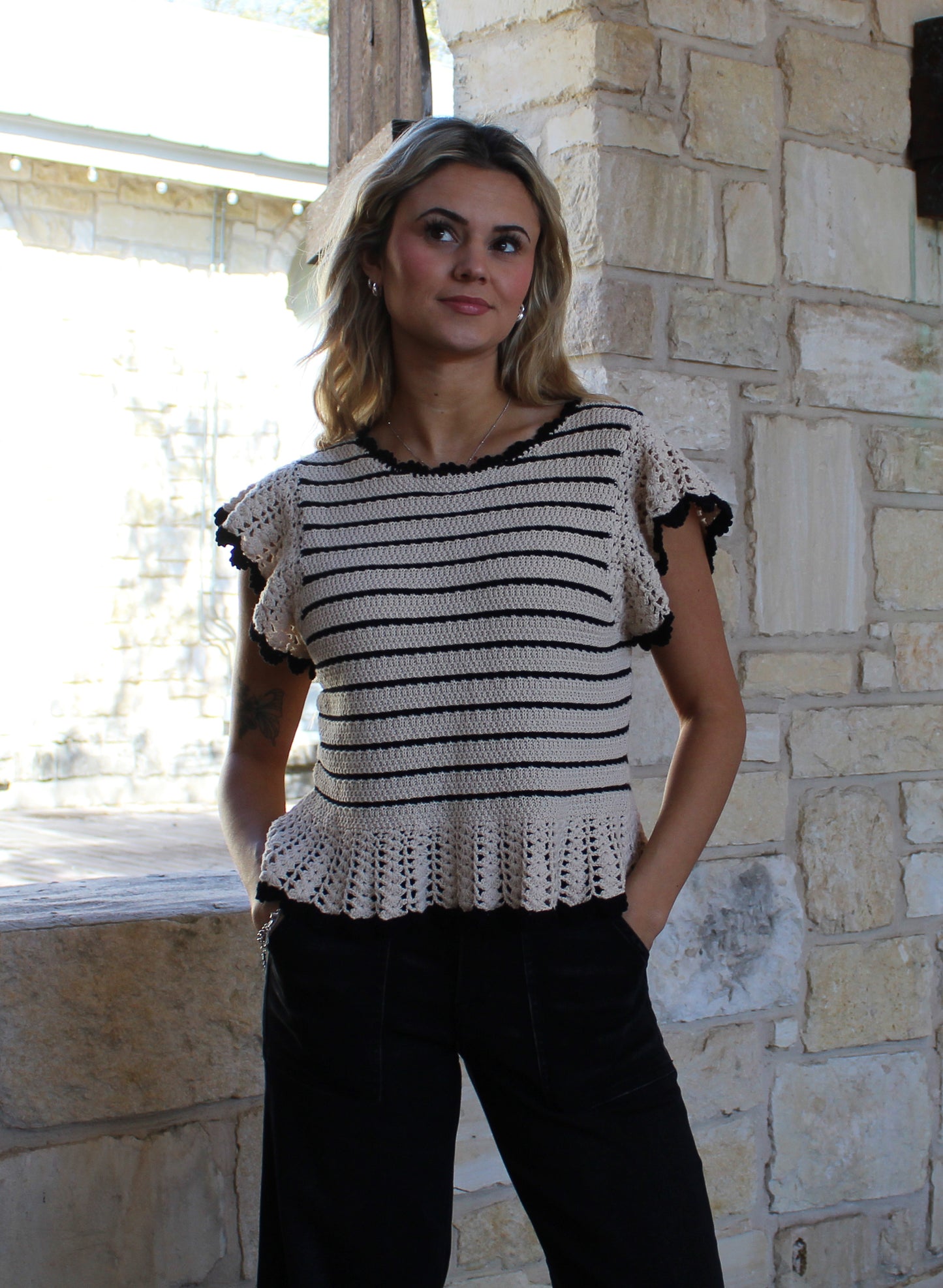 Eesome Oatmeal Striped Flutter Sleeve Sweater