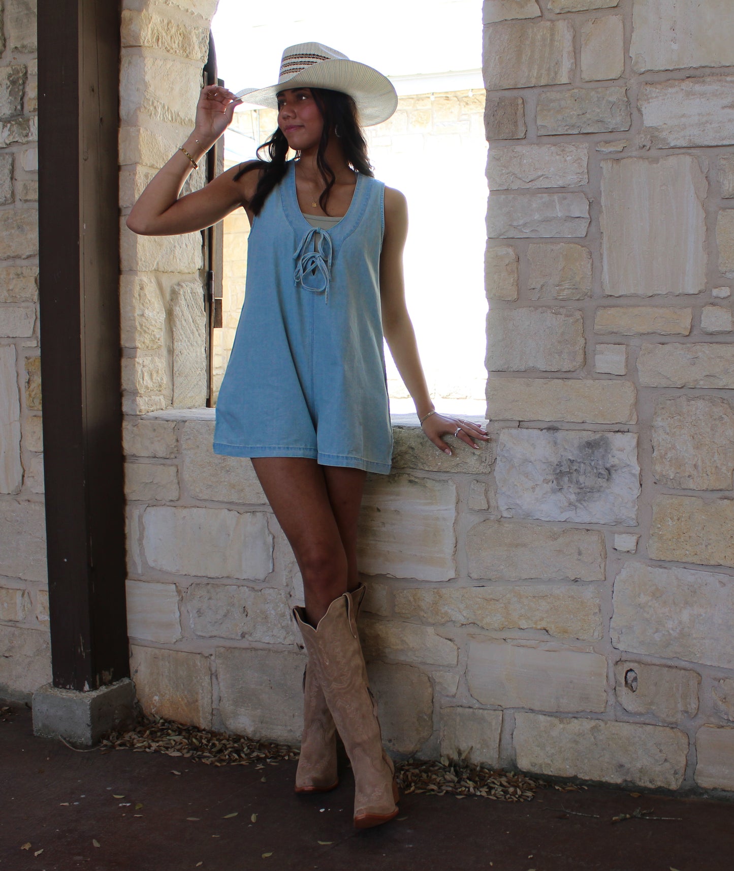Miou Muse Tie Front Denim Romper