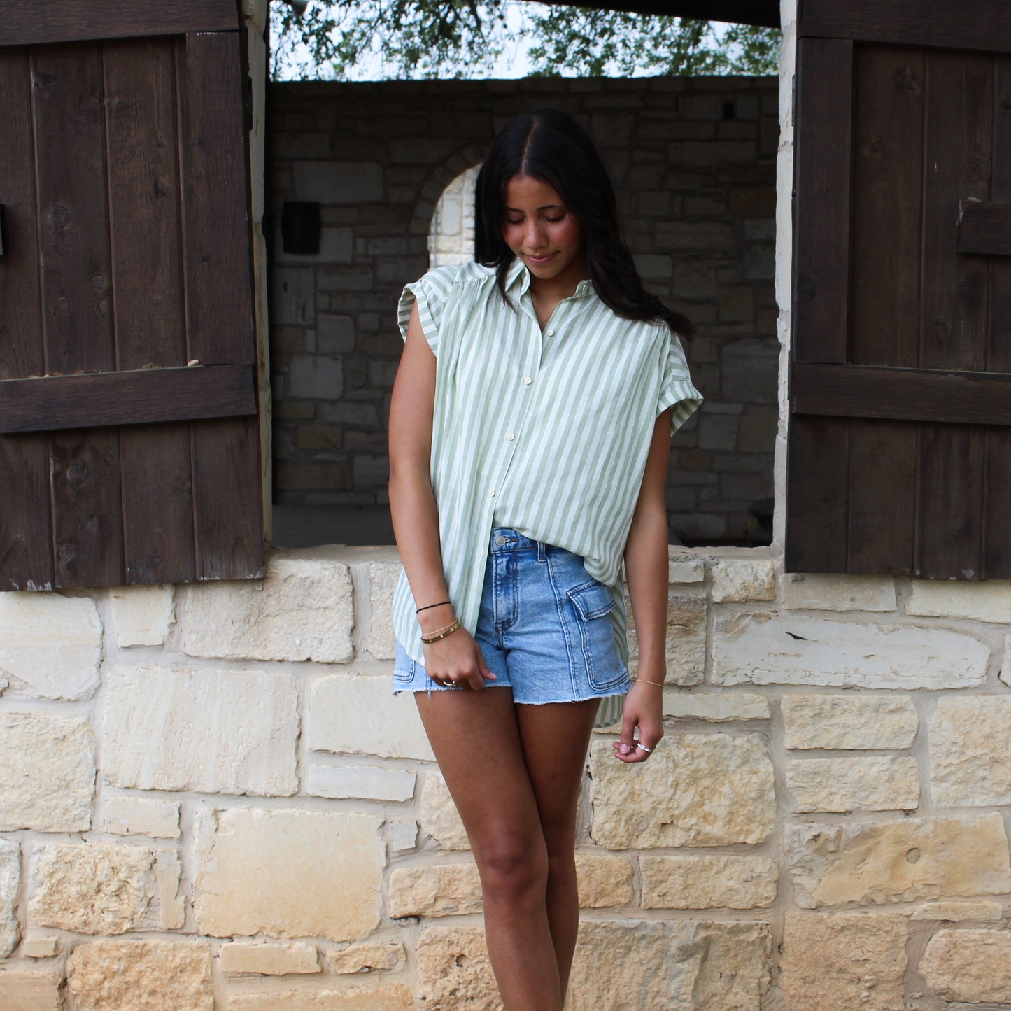 Eesome Striped Short Sleeve Top Sage