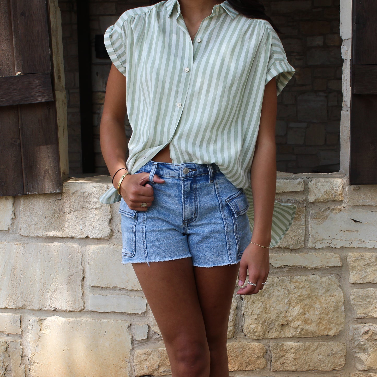 Eesome Striped Short Sleeve Top Sage