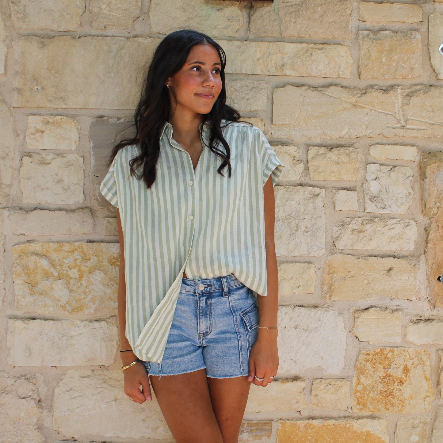 Eesome Striped Short Sleeve Top Sage
