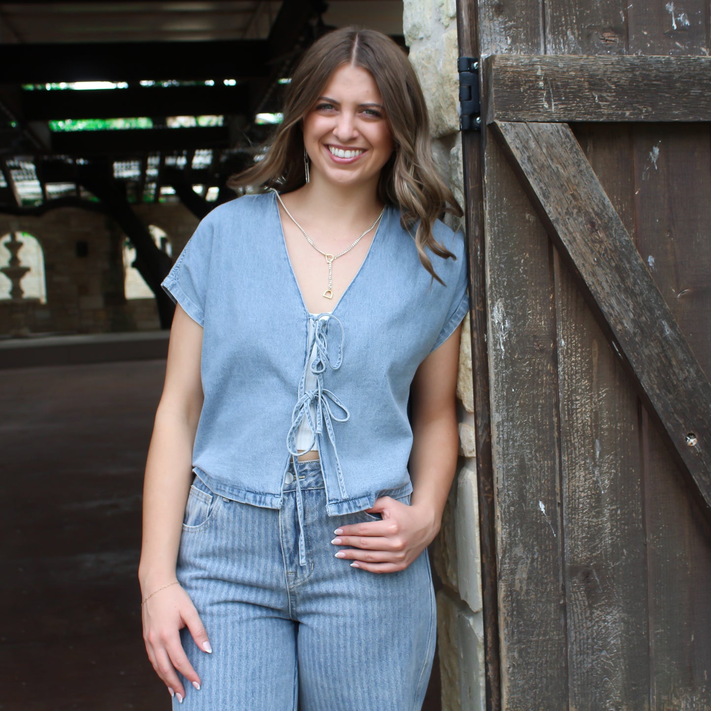 Miou Muse Denim Tied Front Top