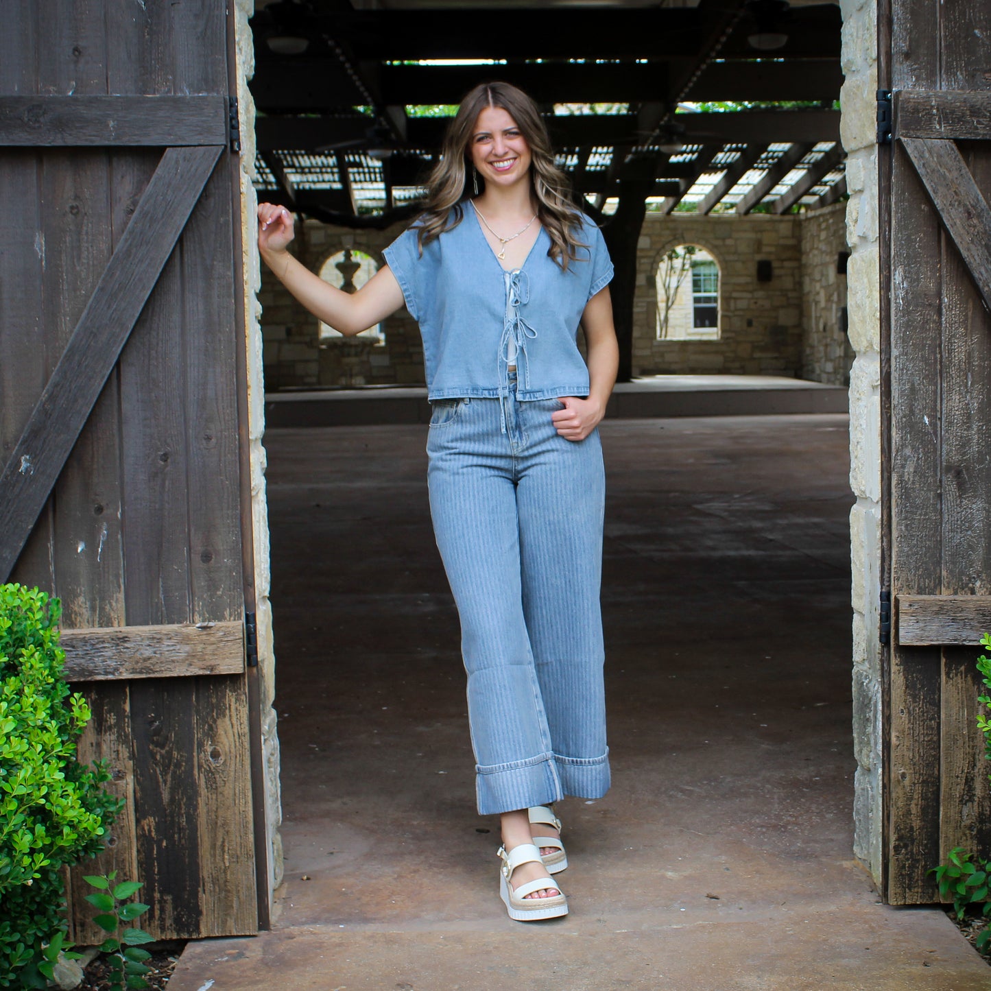 Miou Muse Textured Striped Denim Pants