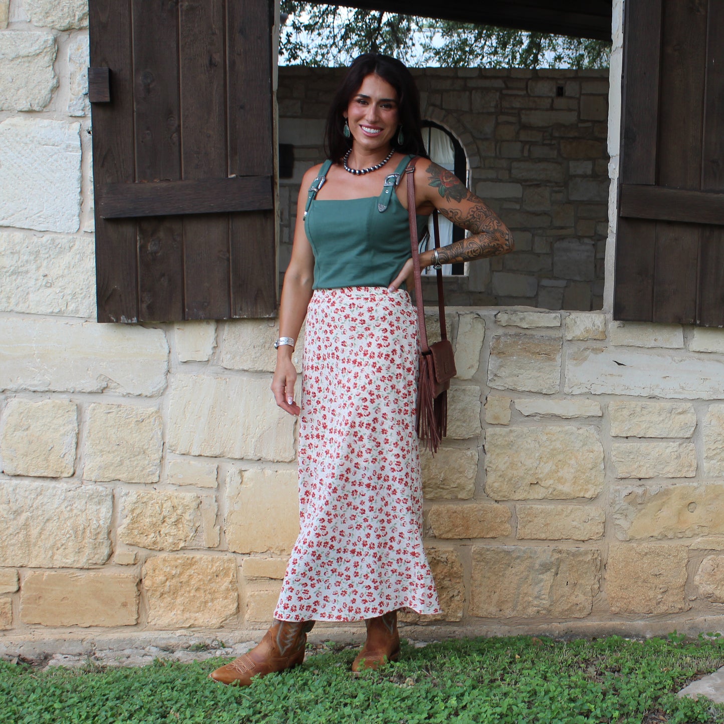 Wishlist Cream/Poppy Floral Midi Skirt