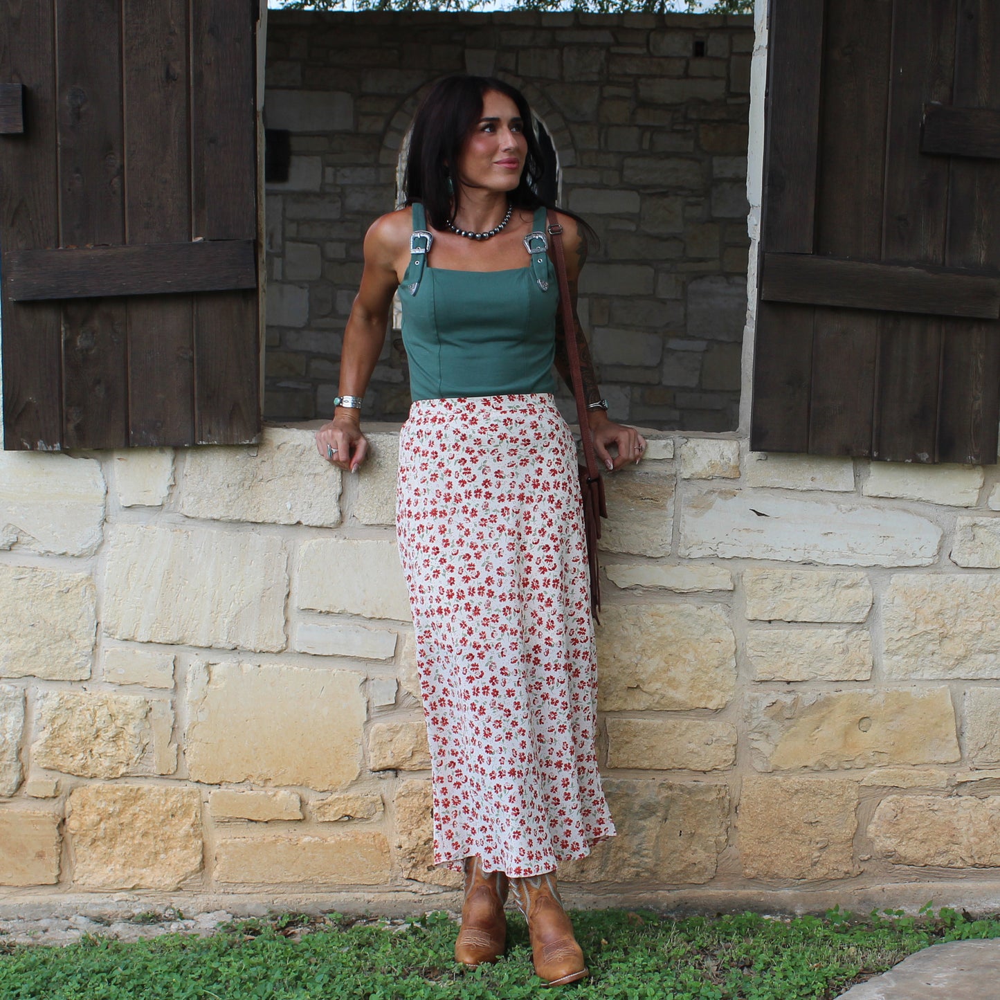 Wishlist Cream/Poppy Floral Midi Skirt