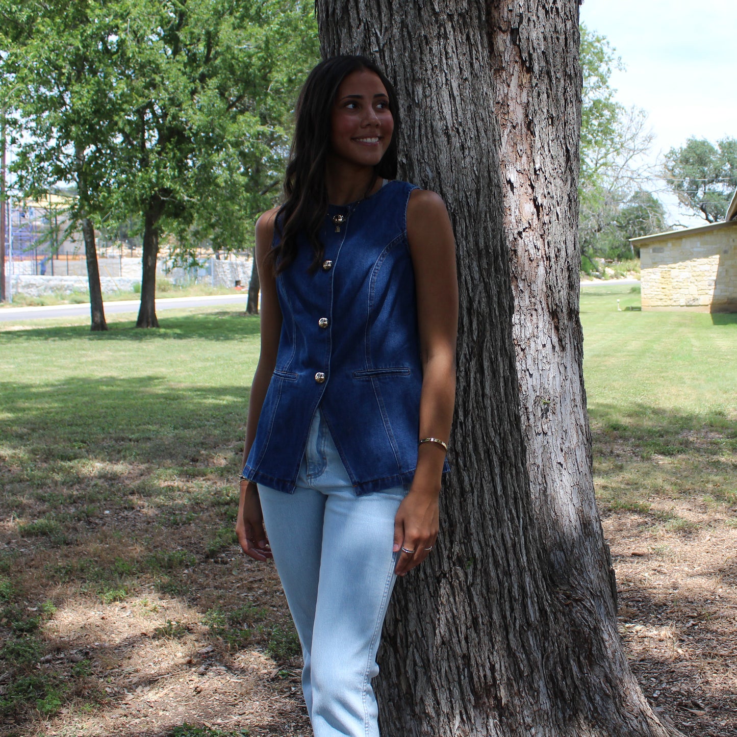 Blue B Gold Button Denim Vest