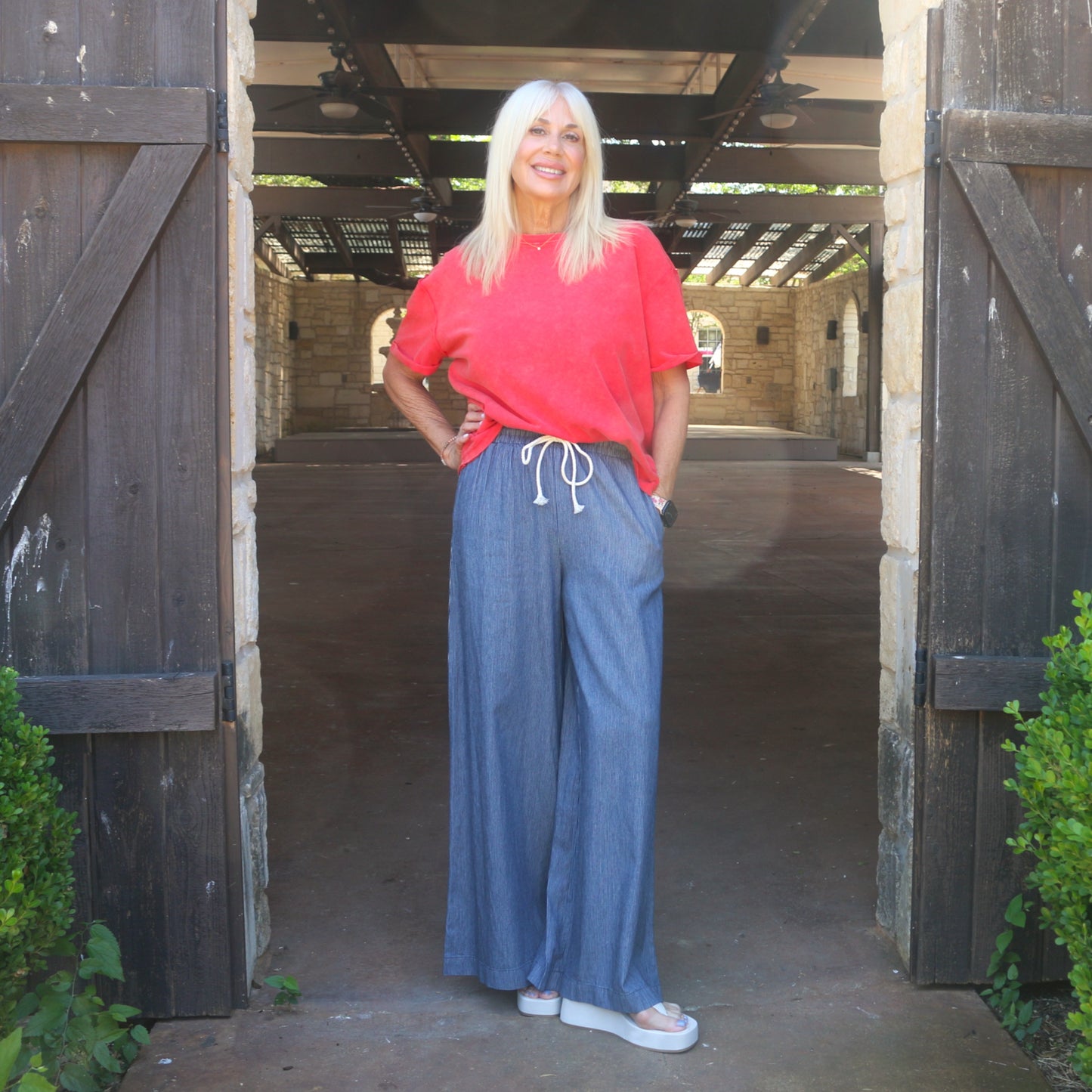 Essome Washed Pinstriped Wide Leg Pants - Petticoat Junction