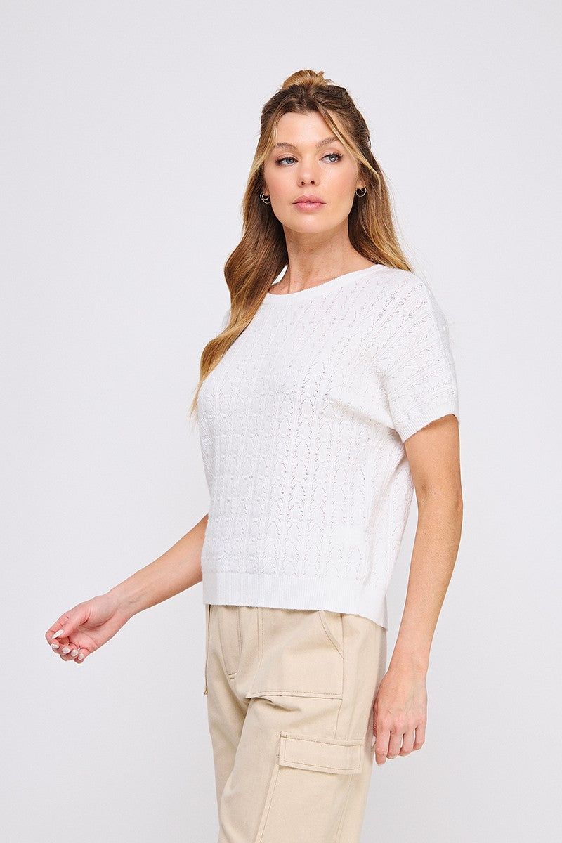 AR White Pointelle Mini Cable Knit Top