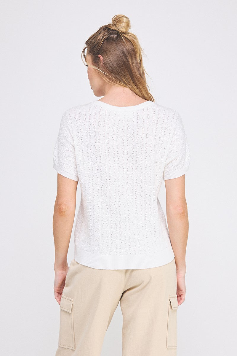 AR White Pointelle Mini Cable Knit Top