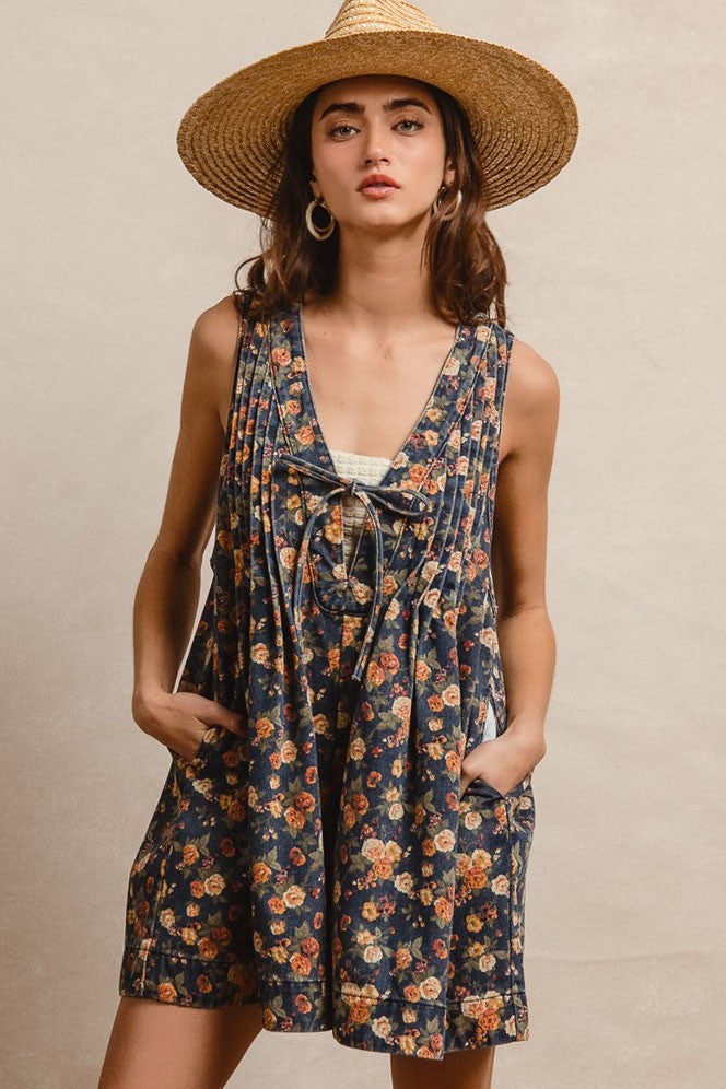 BiBi Denim Washed Floral Romper