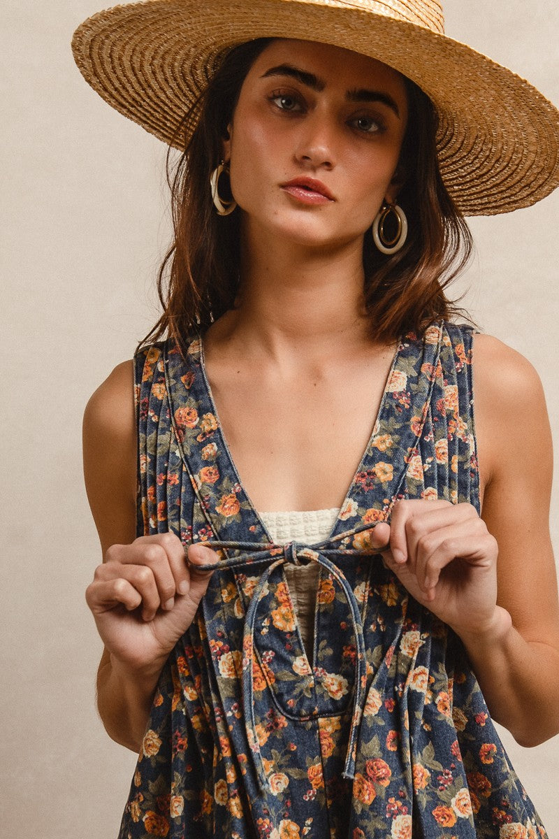 BiBi Denim Washed Floral Romper
