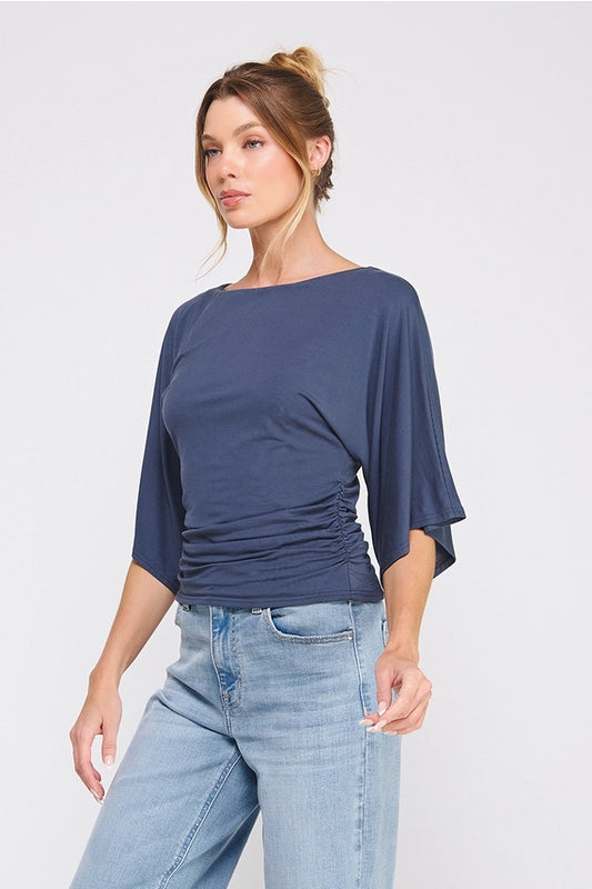 AR Blue Double Knit Bell Sleeve Top