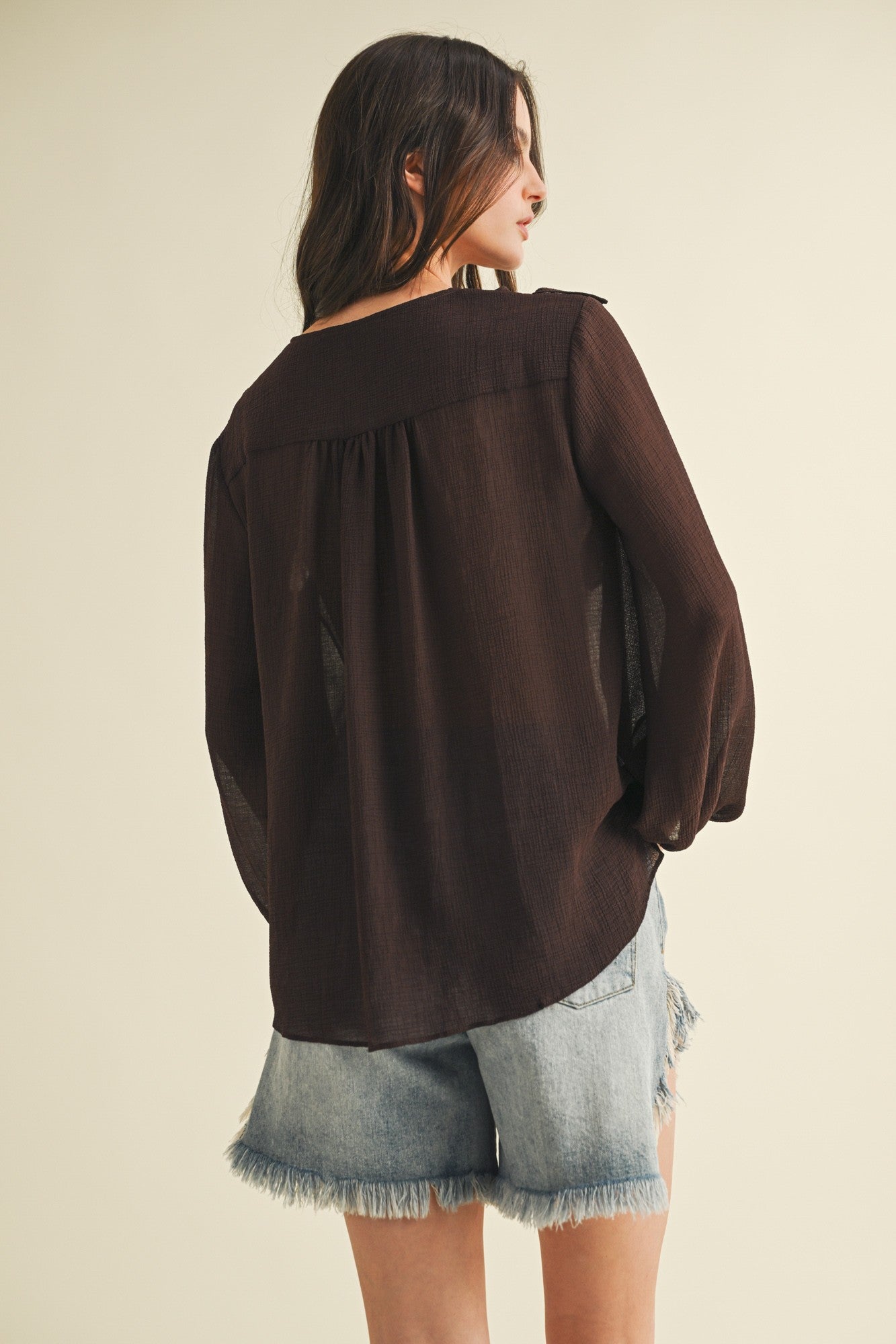 Mustard Brown Seed Ruffle V-neck Top