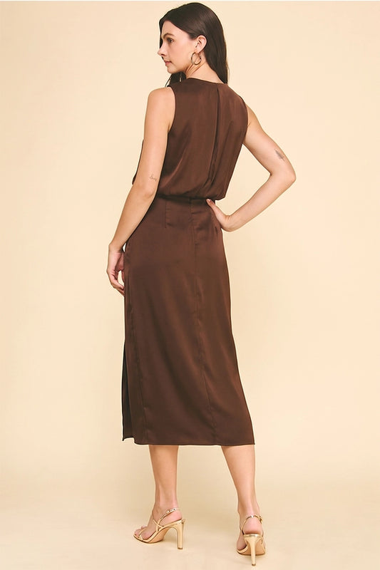 Pinch Brown Silky Side Slit Dress