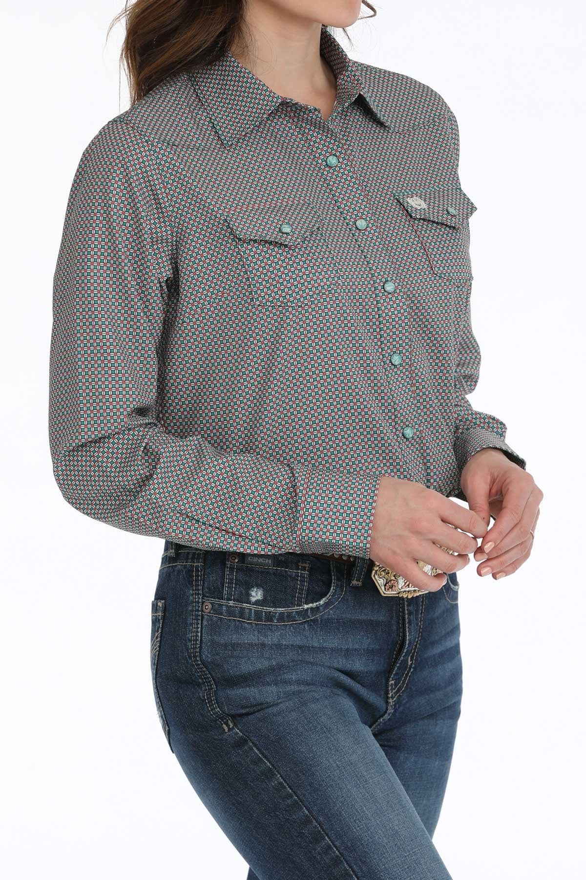 Cinch Womens Green Medallion Snap Front Shirt