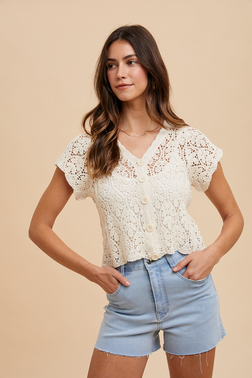 AW Crochet Short Sleeve Crop Cardigan