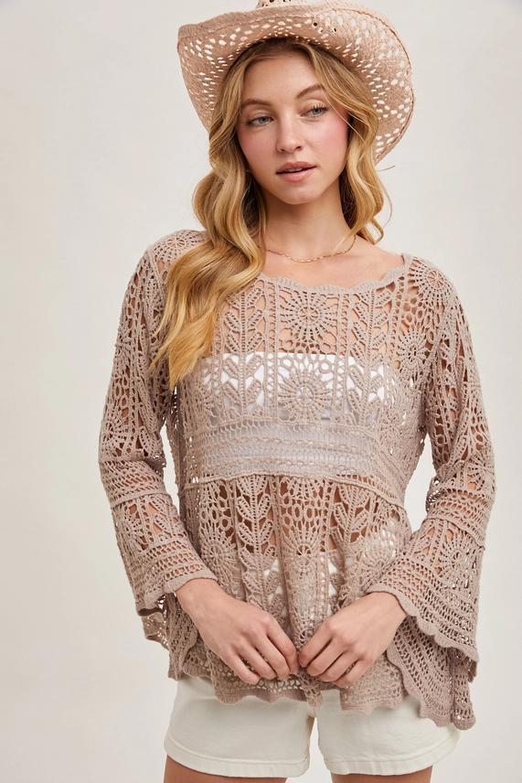 Bluivy Latte Crochet Sheer Bell Sleeve Top