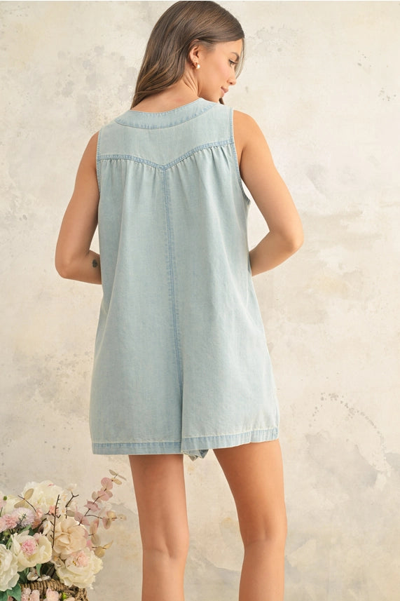 Miou Muse Tie Front Denim Romper