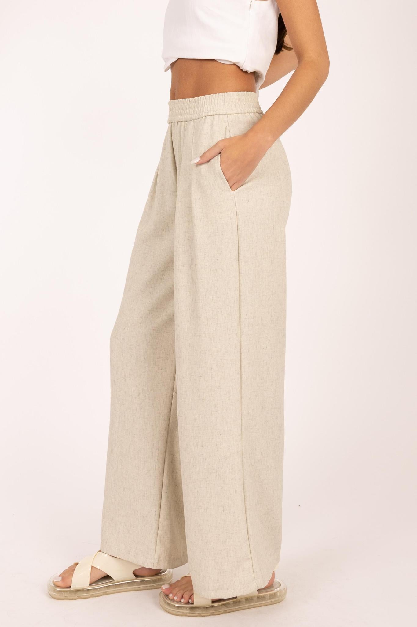 Elle Grey Ivory Pleated Wide Leg Pant
