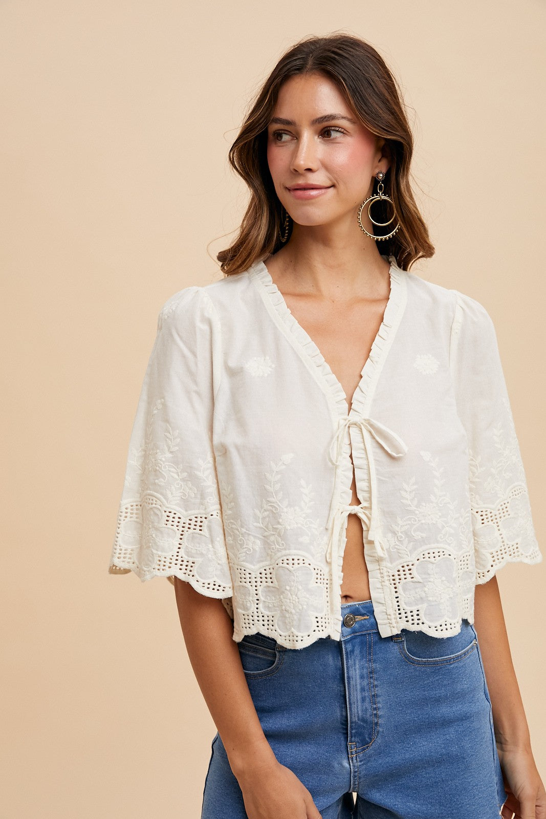 AW Floral Embroidery Tie Front Blouse