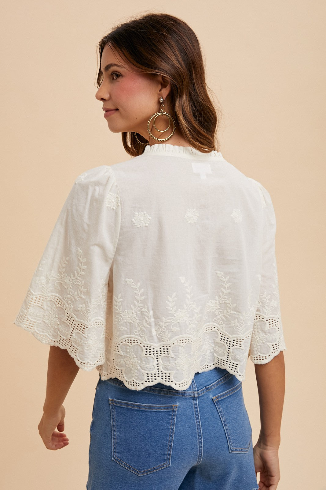AW Floral Embroidery Tie Front Blouse