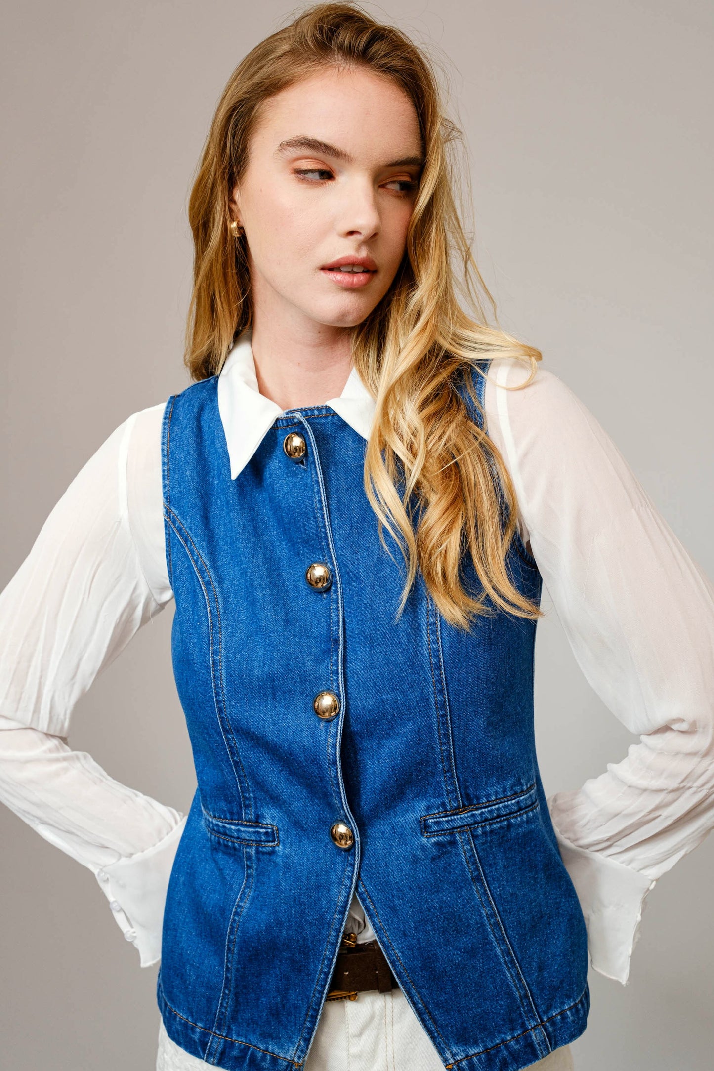 Blue B Gold Button Denim Vest