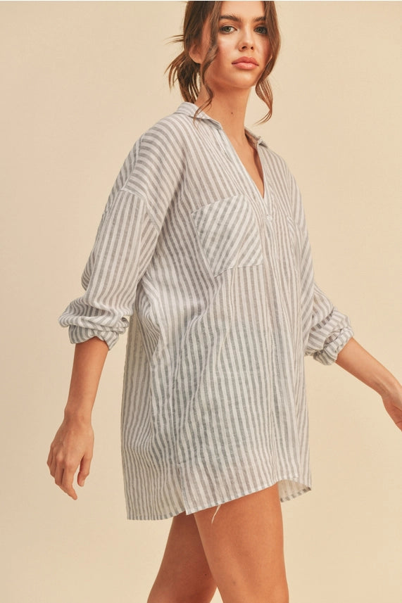 Miou Muse Grey Striped Button Down Shirt