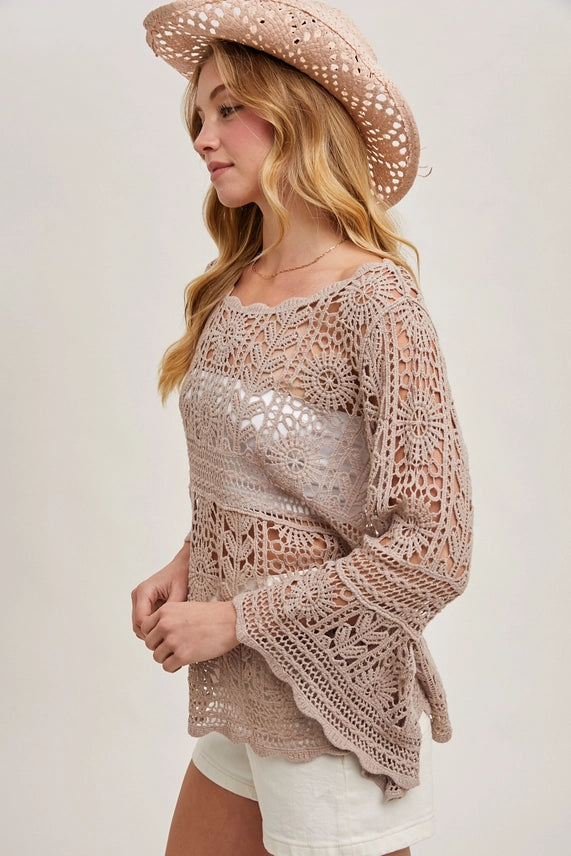 Bluivy Latte Crochet Sheer Bell Sleeve Top