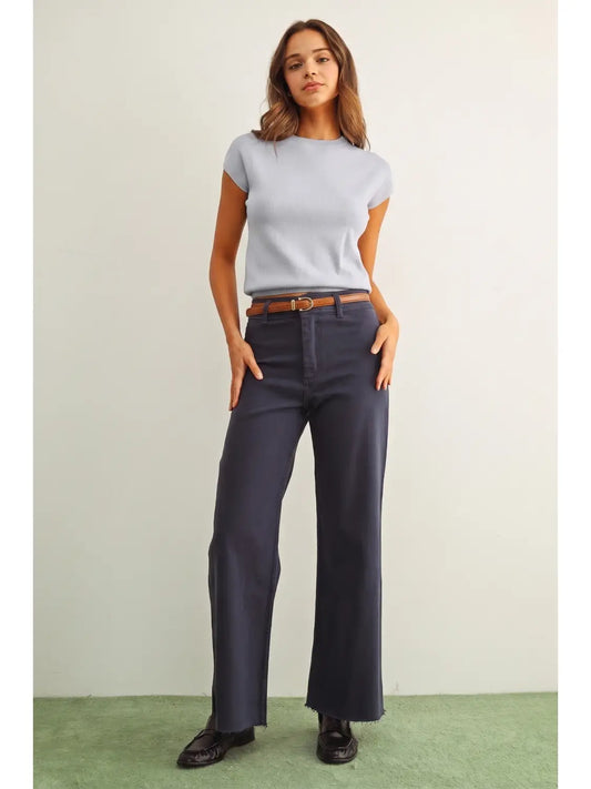 Miou Muse Dusty Blue Round Neck SS Knit Top