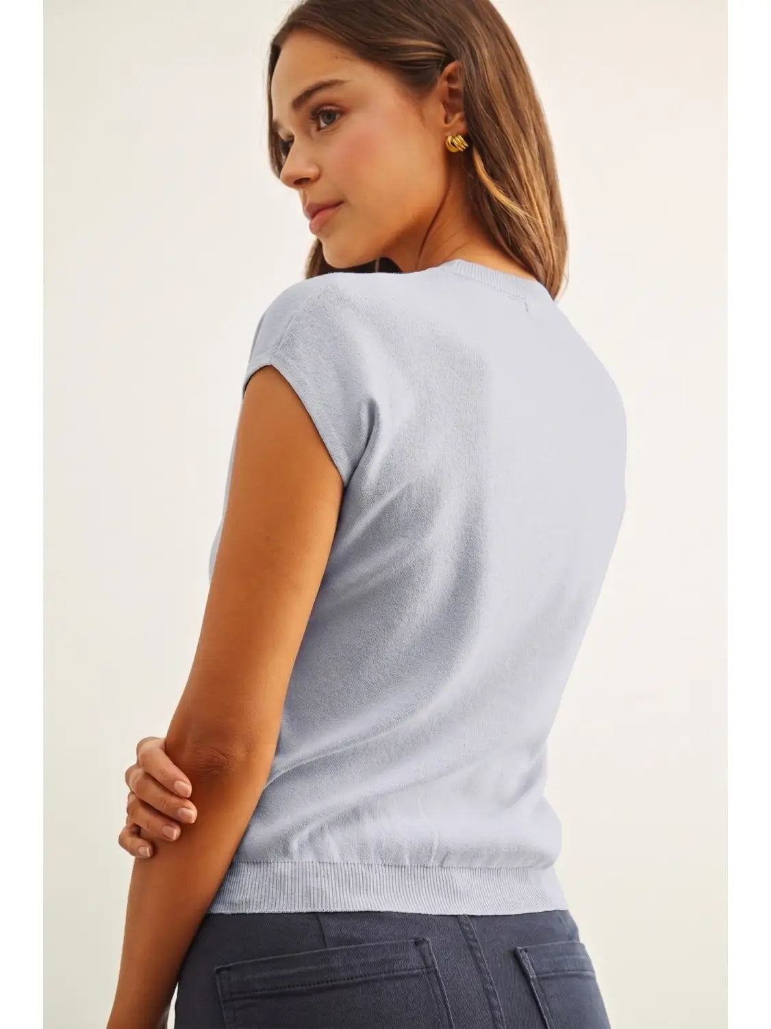Miou Muse Dusty Blue Round Neck SS Knit Top