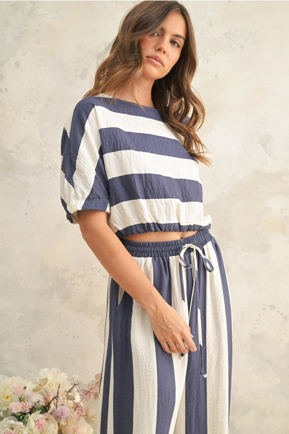 Miou Muse Navy Stripe Boat Neck Top