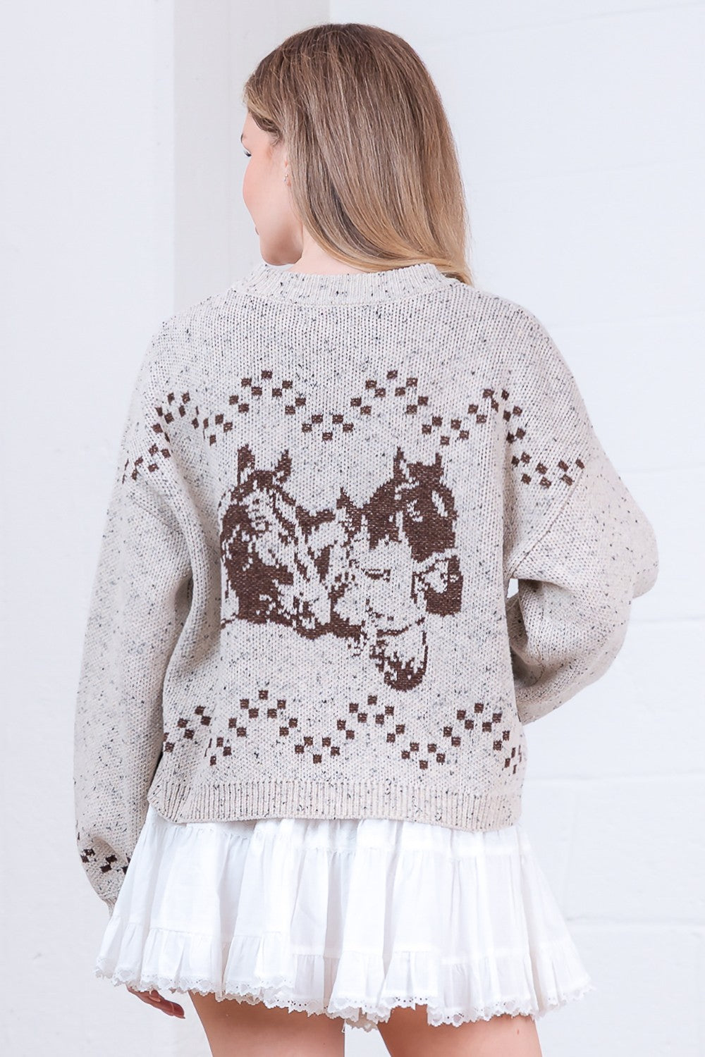 Taelynn Oatmeal V-Neck Horse Sweater