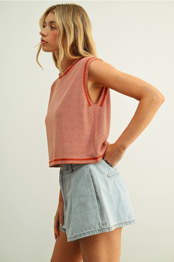 Miou Muse Rust Pinstriped Sleeveless Knit Top