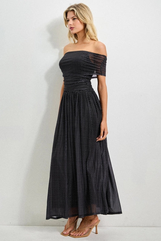 BEV Polka Dot Mesh Smocked Dress