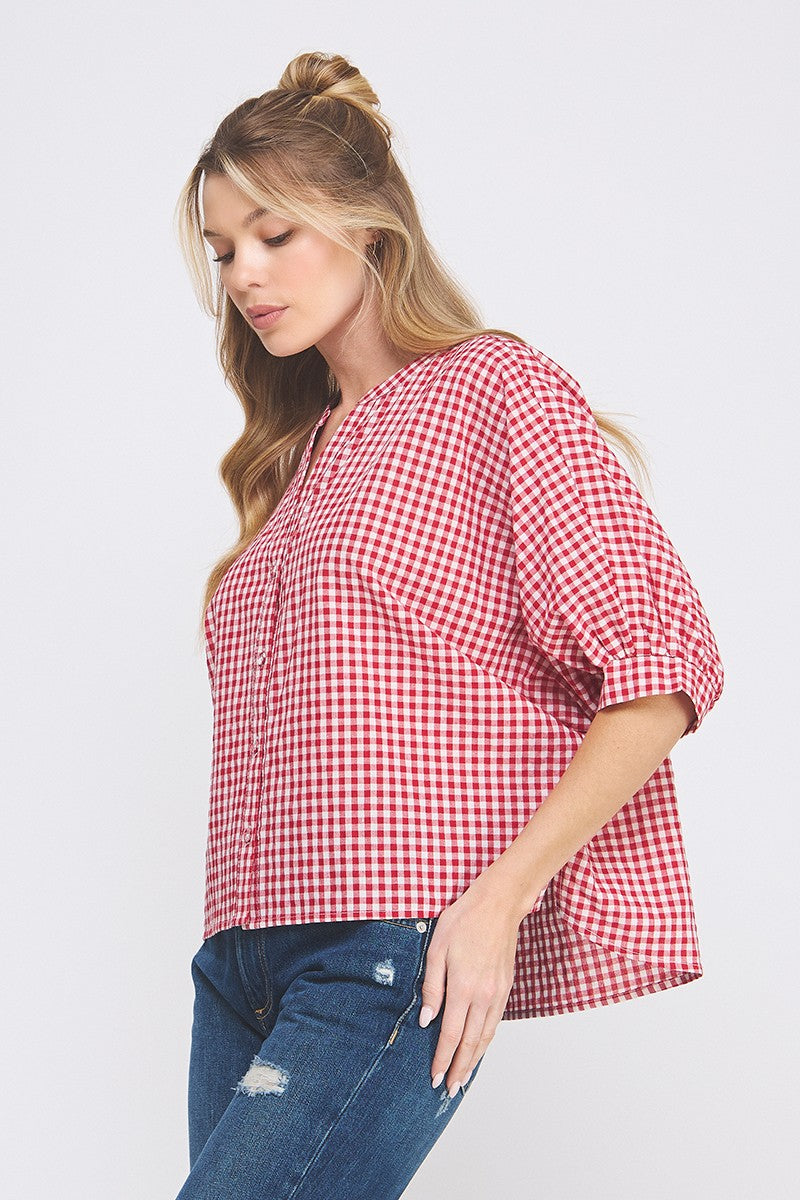 AR Red Gingham Front Button Top
