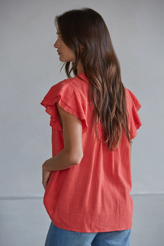 BT Linen Button V-Neck Ruffle Top