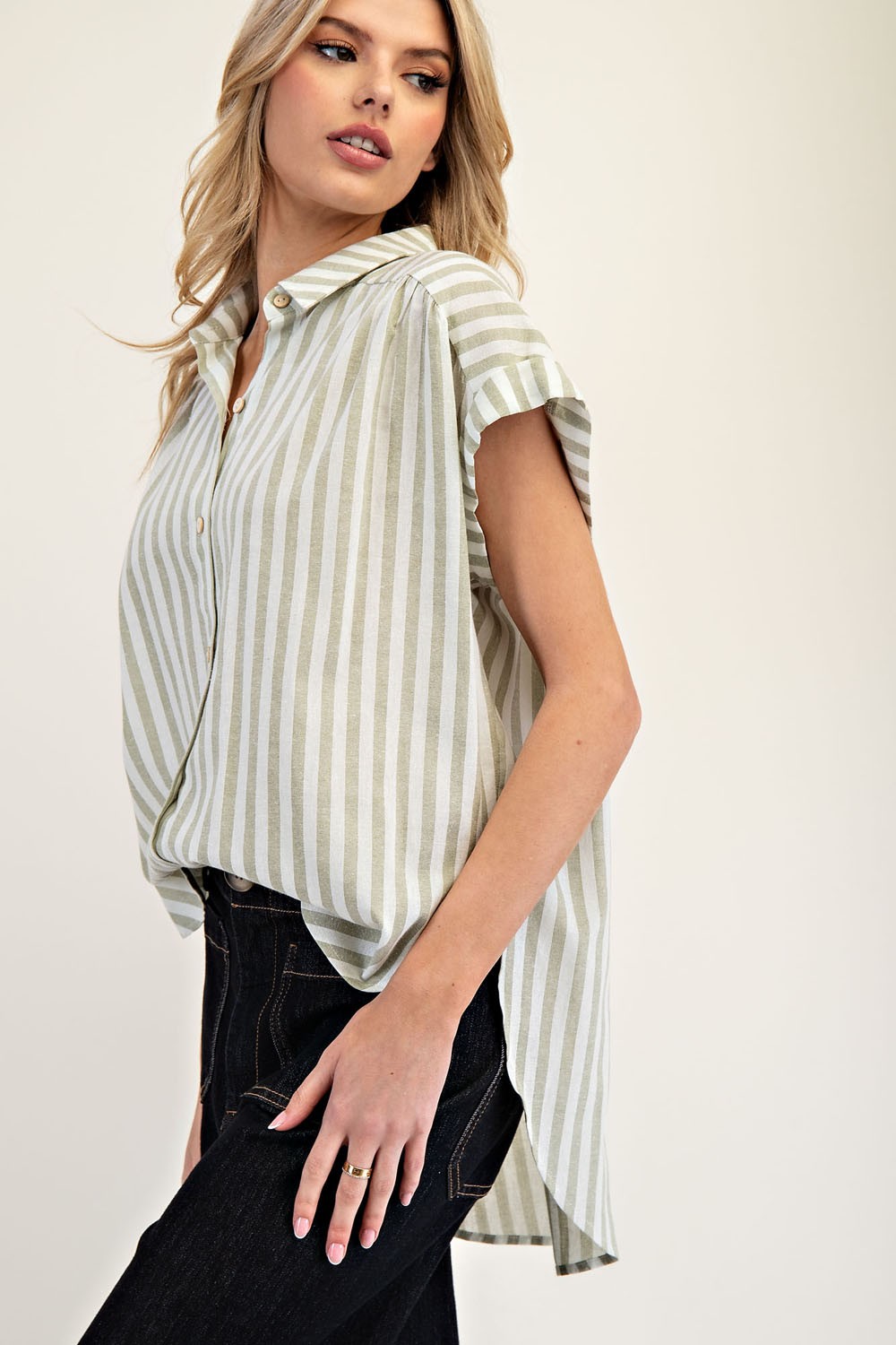 Eesome Striped Short Sleeve Top Sage