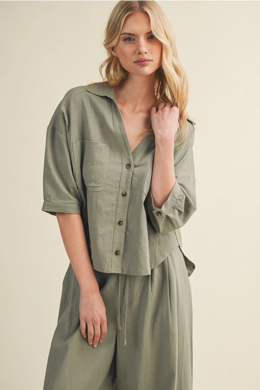 Mustard Seed Sage Linen Buttin Down Top