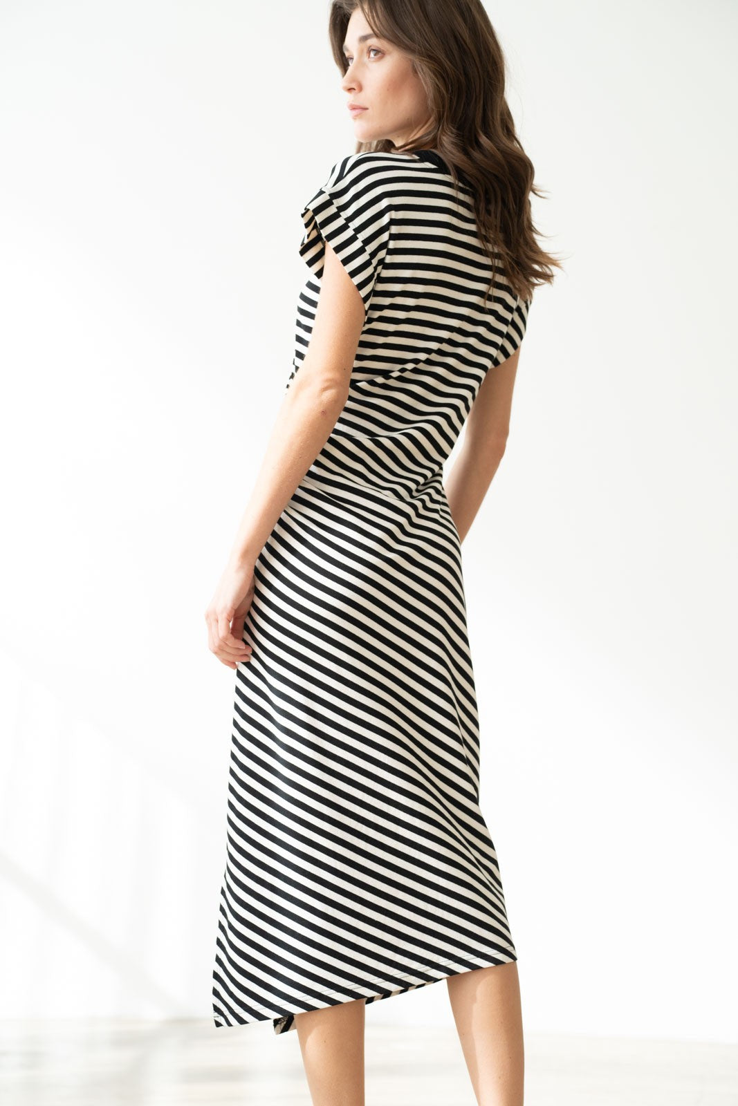 Elle Grey Striped Ruched Side Dress